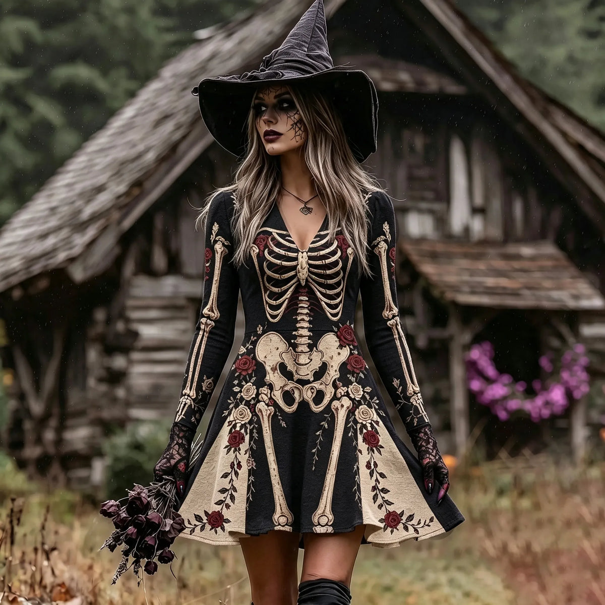 Women's Vintage Halloween Gothic Skeleton Roses Art Print Linen Mini Dress