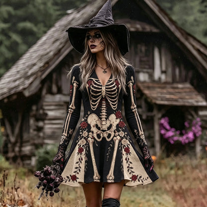 Women's Vintage Halloween Gothic Skeleton Roses Art Print Linen Mini Dress