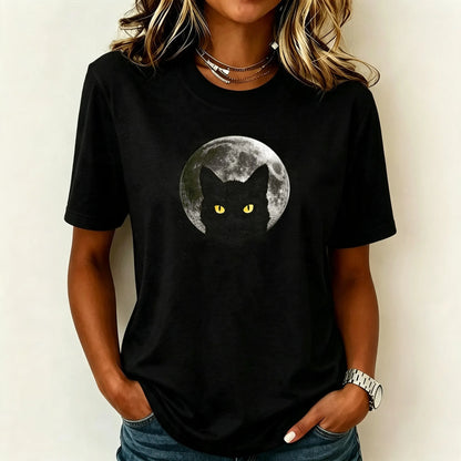 Women's Black Cat Moonlit Night Halloween Design T-shirt