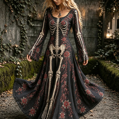 Women's Vintage Halloween Gothic Skeleton Roses Floral Art Print Long Sleeve Linen Maxi Dress