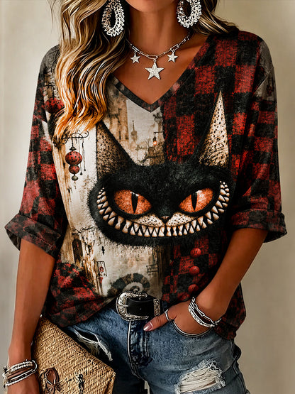 Women's Halloween Scaring Cat Art Patchwork Casual V-neck Short Sleeve Top