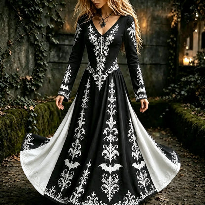 Women's Halloween Gothic Floral Bat Pattern Print V-neck Maxi Dress