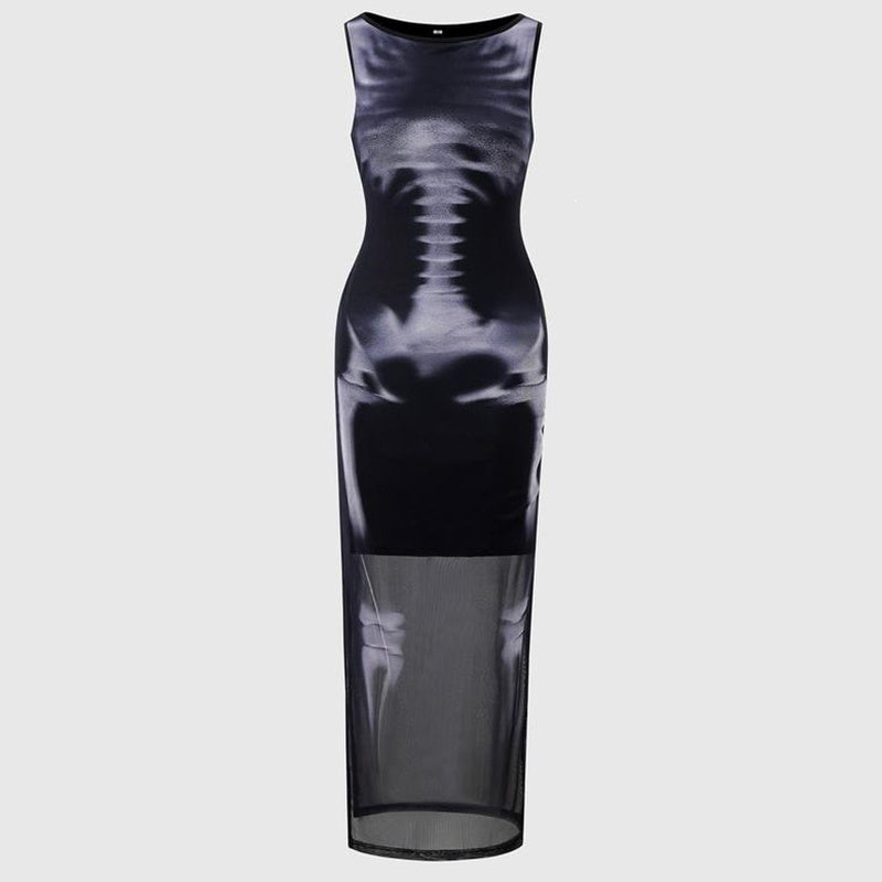 Women's Gothic Skeleton Print Sheer Mesh Bodycon Maxi Dress