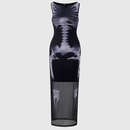 Women's Gothic Skeleton Print Sheer Mesh Bodycon Maxi Dress