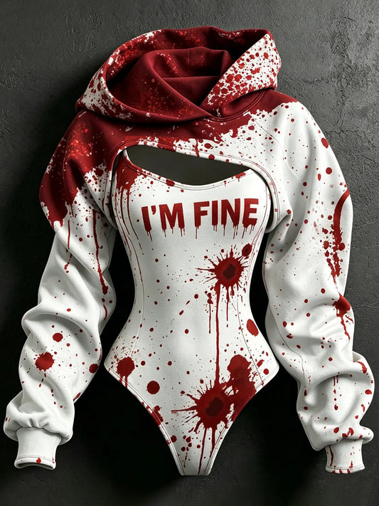 Women's Retro Halloween Bloodstain I'm Fine Print Hoodie Two-piece Set