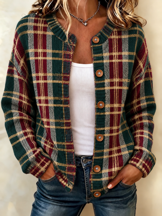 Women's Christmas Plaid Art Pattern Comfortable Knit Cardigan