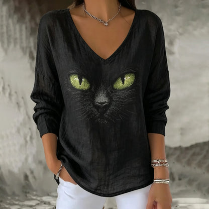 Women's Vintage Black Cat Printed Mid-length Sleeves V-neck T-shirt