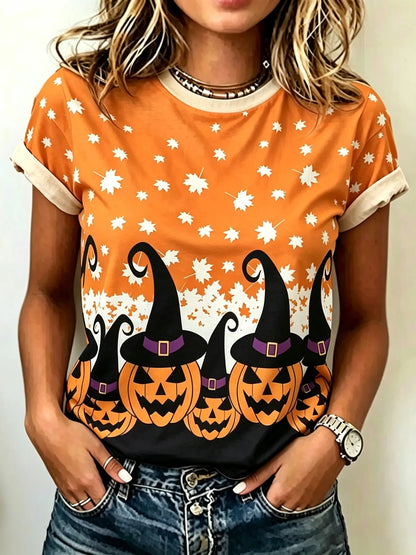 Women's Retro Halloween Maple Pumpkin Print Casual T-shirt