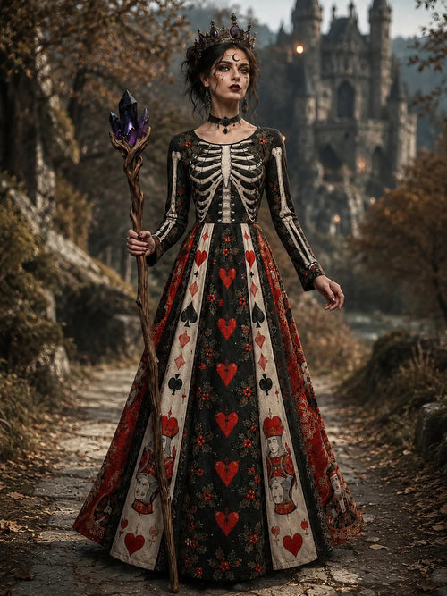 Women's Halloween Gothic Skeleton & Poker Print Pattern Maxi Dress