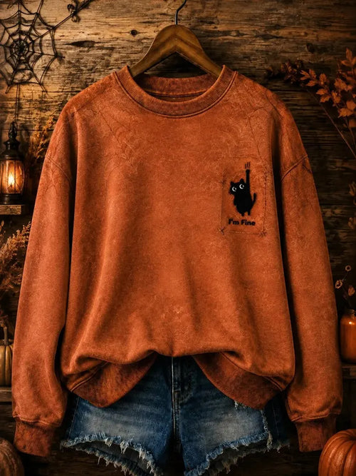 Women's Halloween Cute Cat 'i'm Fine' Print Crew Neck Sweatshirt