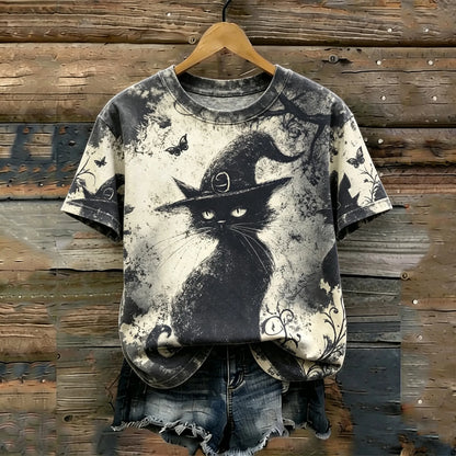 Women's Vintage Gothic Halloween Distressed Washed Witch Black Cat Pattern Short-sleeve T-shirt