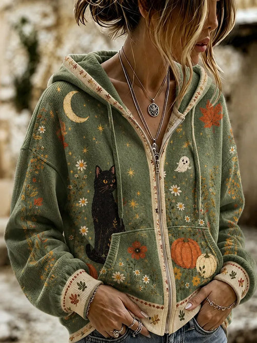 Women's Retro Halloween Floral And Black Cat Color Block Sweatshirt