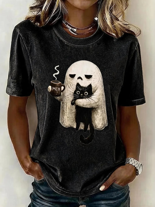 Women's Retro Halloween Ghost And Cat Pattern Crew Neck T-shirt