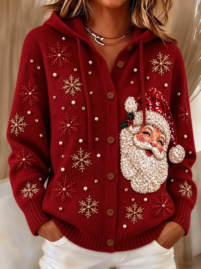 Women's Santa and Snowflake Hooded Knit Cardigan - Red