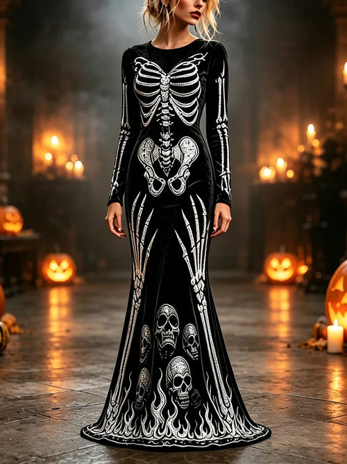 Women's Halloween Velvet Long Sleeve Maxi Dress - Spooky X-ray Skeleton Bones, Skulls And Flames Print Gown
