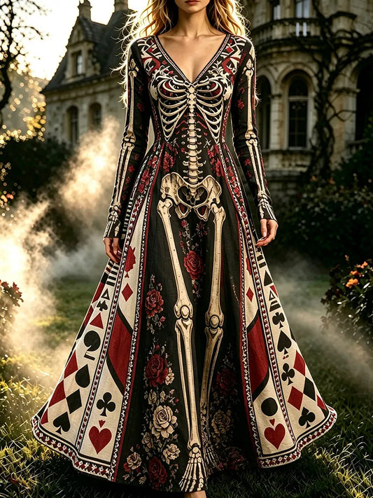 Women's Retro Halloween Gothic Skeleton Floral Poker Pattern Print V-neck Maxi Dress