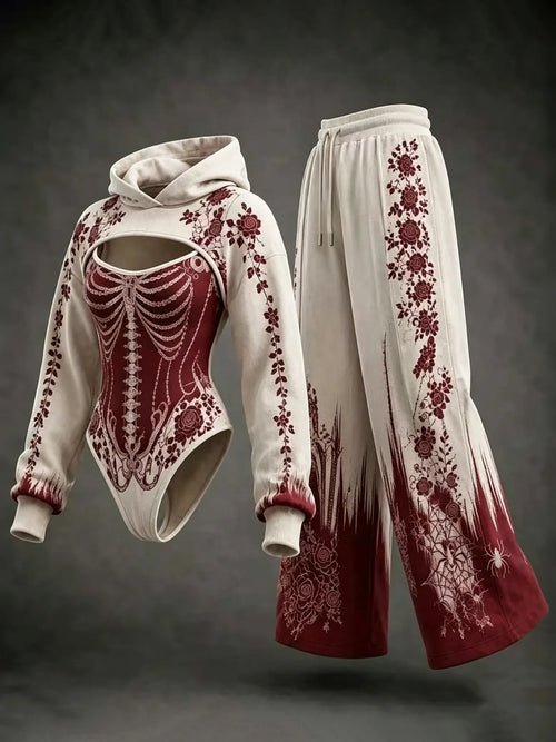 Women's Halloween Bloodstained Bone Floral Spider Web Hoodie Three-piece Set