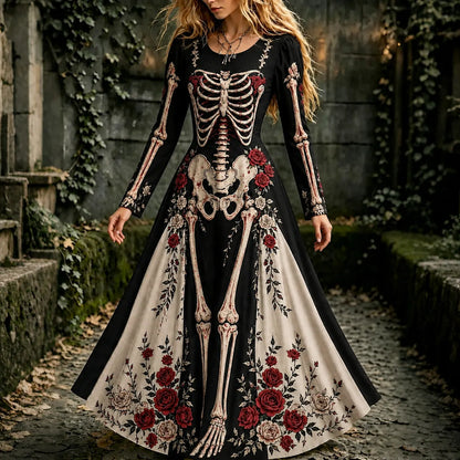 Women's Halloween Gothic Skeleton & Floral Long-sleeve Maxi Dress