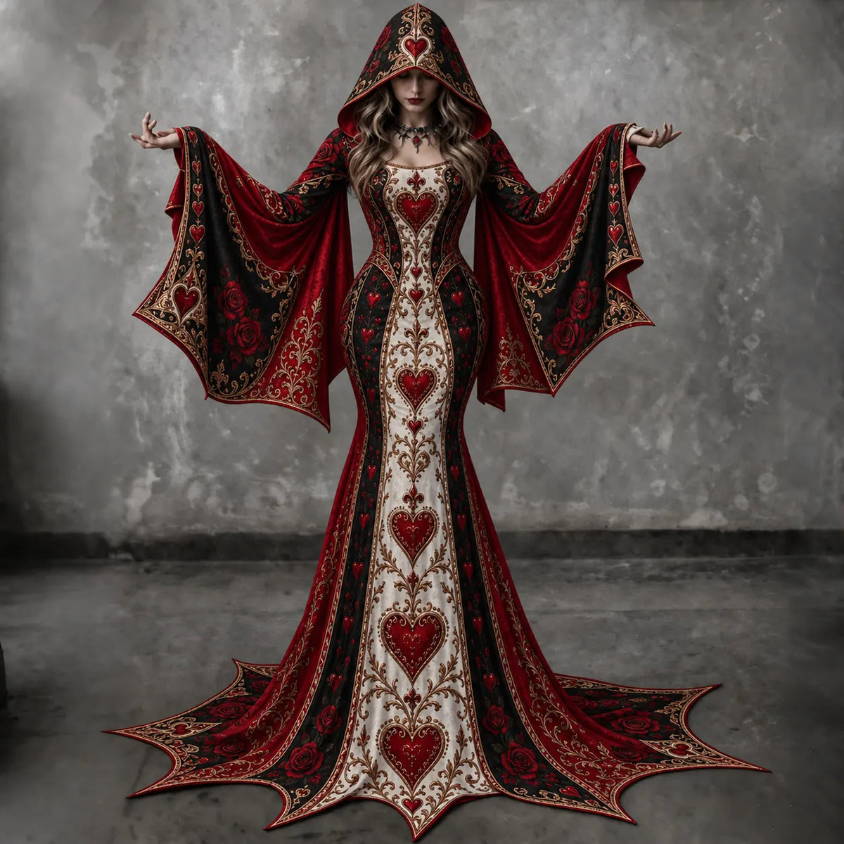 Women's Vintage Red Roses And Heart Batwing Flare Sleeve Round Neck Bodycon Maxi Dress With Hooded – Halloween Costume
