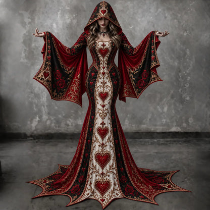 Women's Vintage Red Roses And Heart Batwing Flare Sleeve Round Neck Bodycon Maxi Dress With Hooded – Halloween Costume