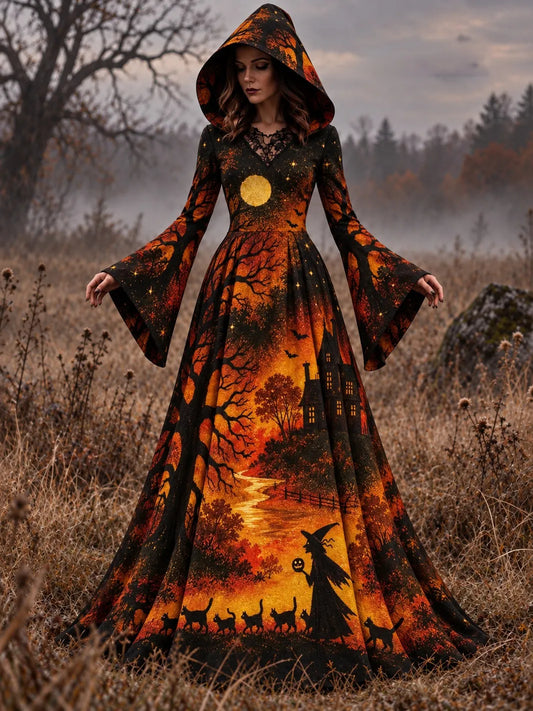 Women's Wizard Black Cat Halloween Art Long-sleeve Hooded Long Dress