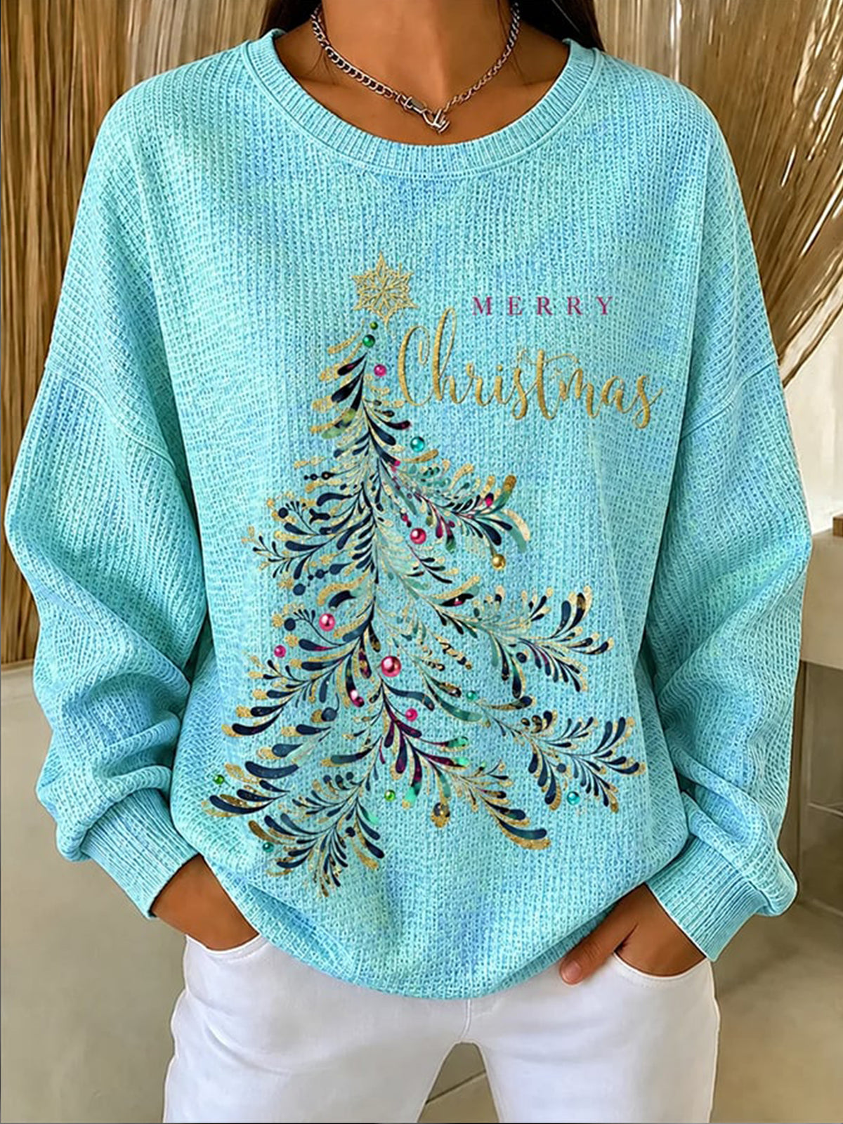 Women's Casual Waffle-Knit Top - Cyan