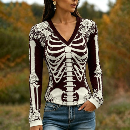 Women's Halloween Skeleton Bones With Roses Art Casual Long Sleeve V Neck T-shirt