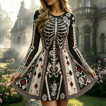 Women's Halloween Gothic Skeleton & Floral Poker Print Round Neck Mini Dress
