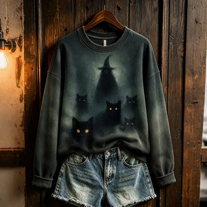 Female Witch Black Cat Print Halloween Retro Crew Neck Sweatshirt