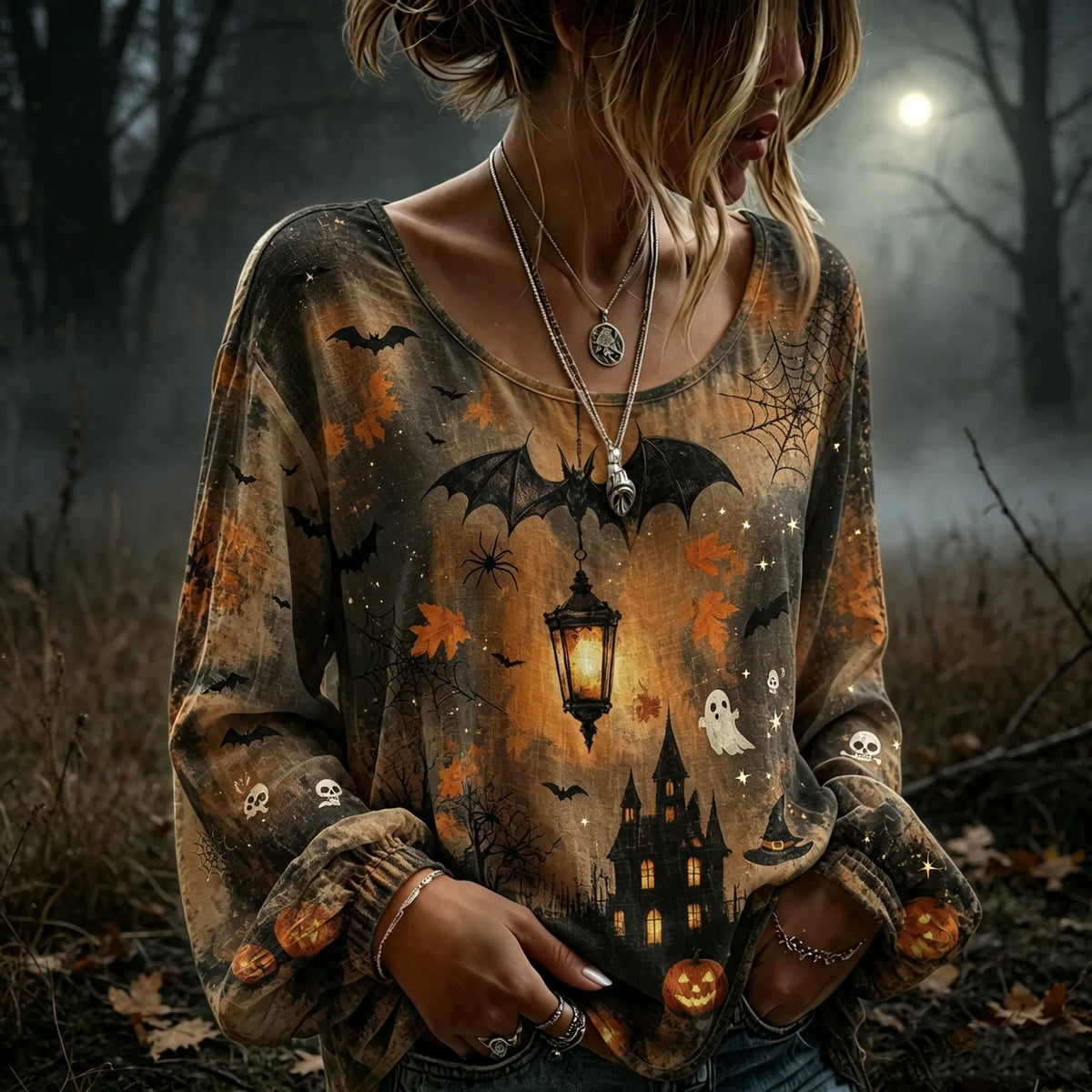 Women's Retro Halloween Pumpkin, Bat, And Ghost Elements Cotton Linen Top