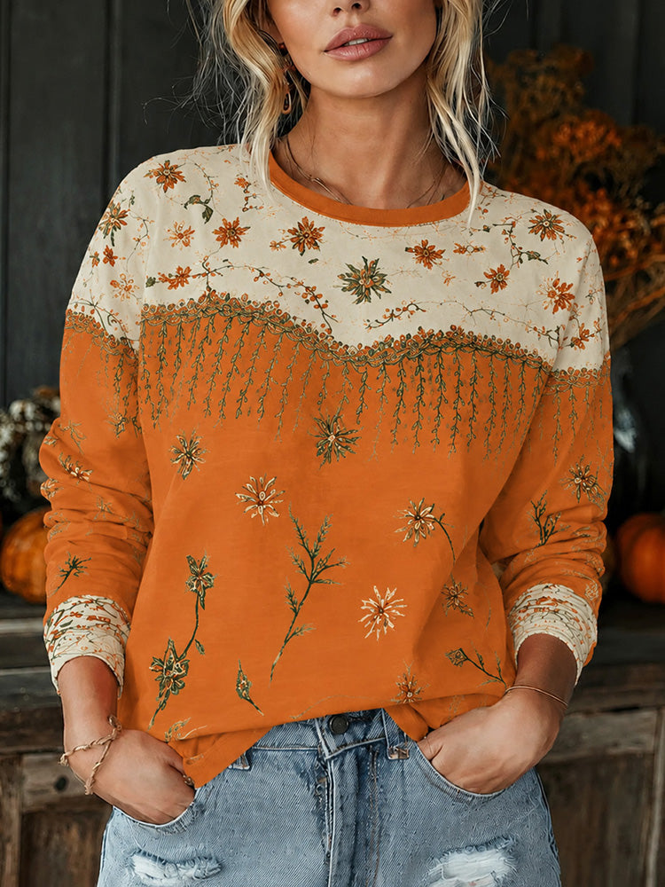 Women's Retro Floral Print Casual Long-sleeve Crew Neck T-shirt