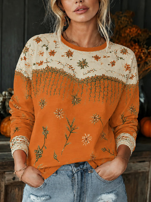 Women's Retro Floral Print Casual Long-sleeve Crew Neck T-shirt
