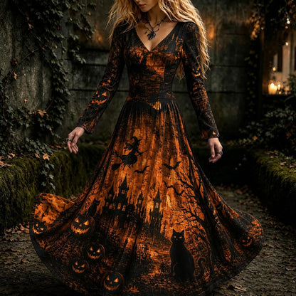 Women's Vintage Halloween Witch, Cat, And Castle Print Dress