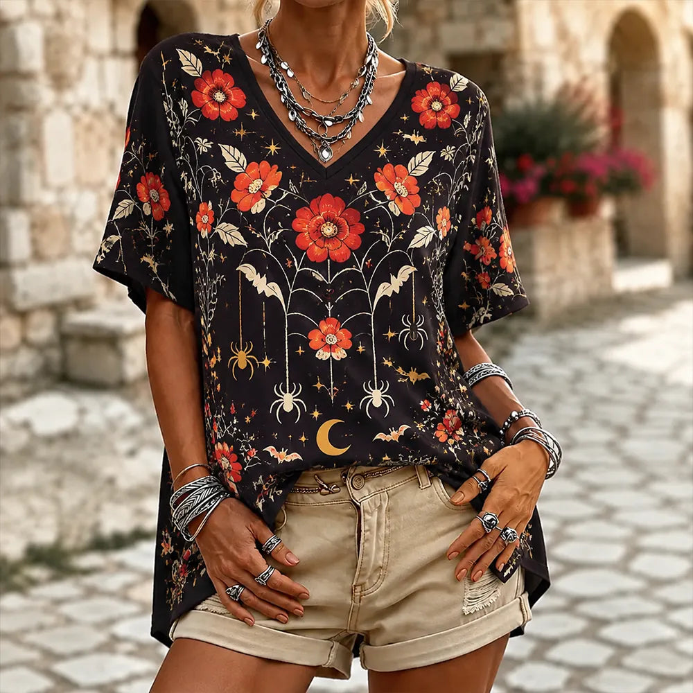 Women's Casual Short Sleeve V-neck T-shirt With Gothic Red Floral, Spiderweb, And Bat Print
