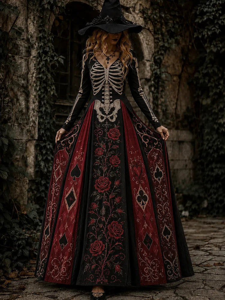 Women's Halloween Gothic Skeleton & Floral V-neck Maxi Dress