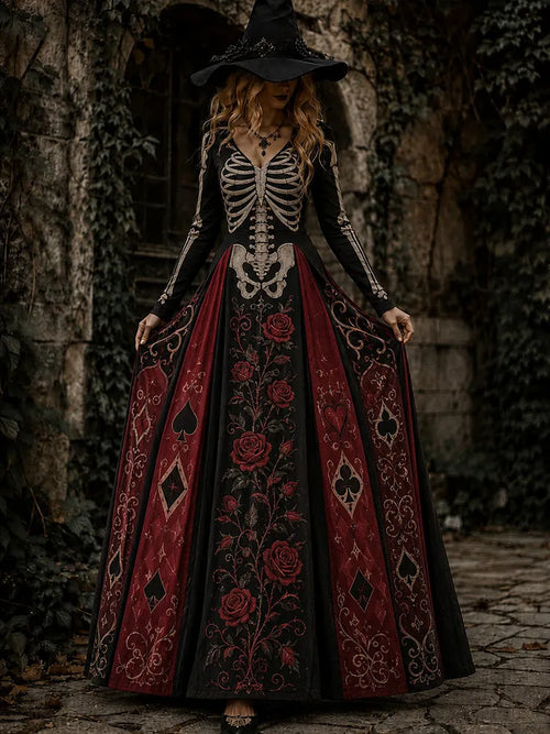 Women's Halloween Gothic Skeleton & Floral V-neck Maxi Dress