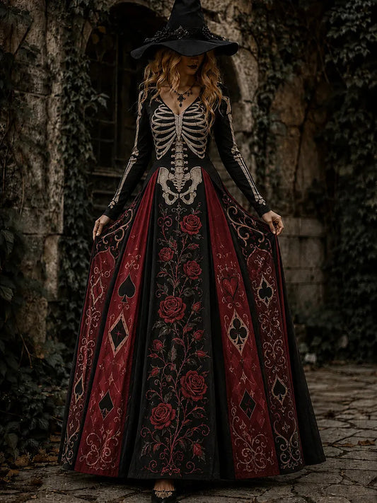 Women's Halloween Gothic Skeleton & Floral V-neck Maxi Dress