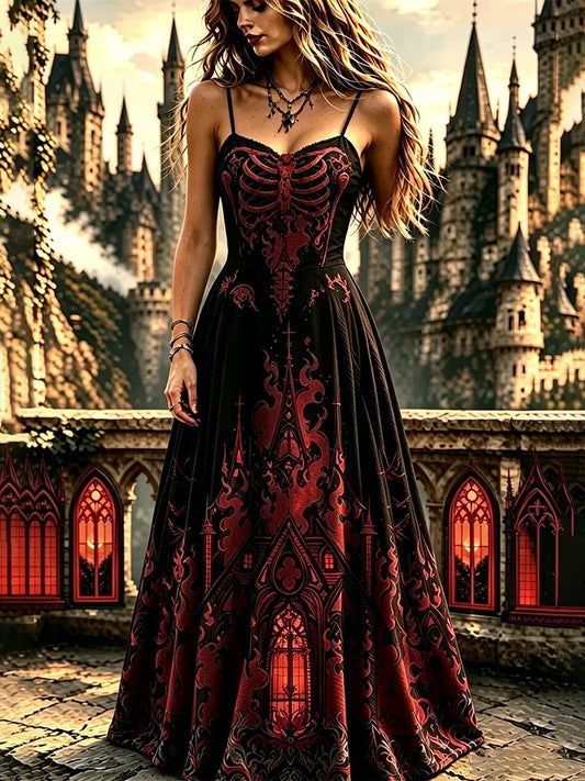 Girls' Gothic Style Dress With Skeleton For Halloween