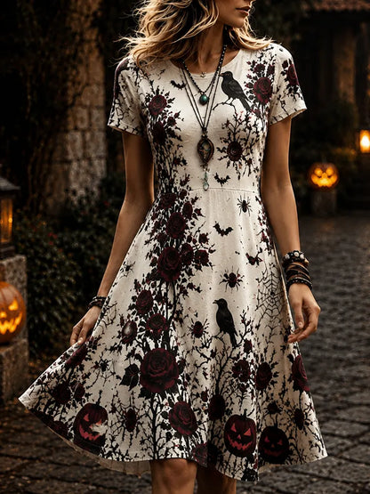 Women's Short Sleeve Crew Neck A-line Halloween Midi Dress With Dark Red Roses, Crows, Spiders, And Jack-o'-lanterns