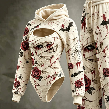 Women's Halloween Floral Bat Spider Web Rose Print Hooded Three-piece Set