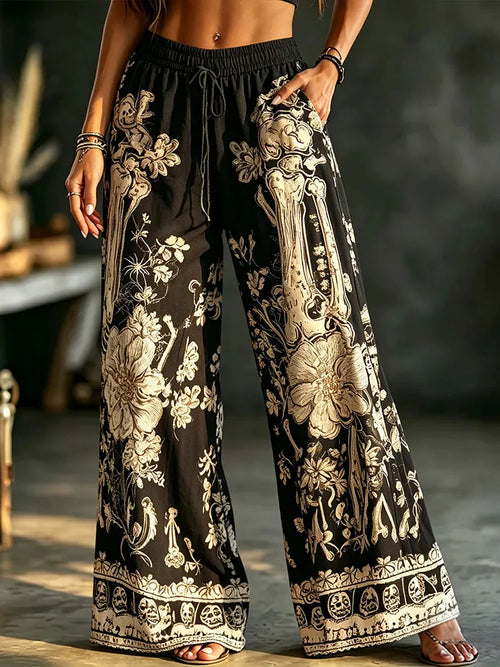 Women's Boho Gothic Skeleton Floral Print Wide Leg Palazzo Pants