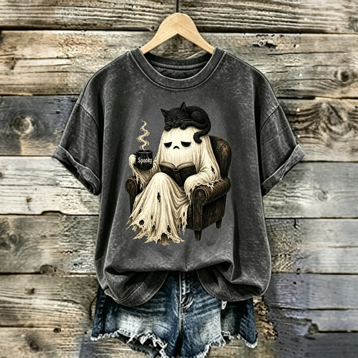 Abstract Creative Cute Ghost Reading Book Black Cat Spooky Coffee Halloween Art Casual T-shirt