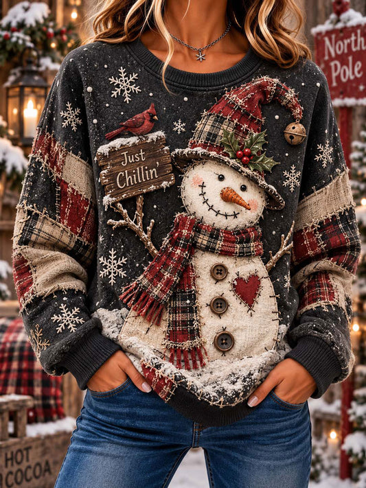 "Just Chillin'" Cute Snowman & Cardinal Bird Dark Charcoal Sweatshirt - As shown