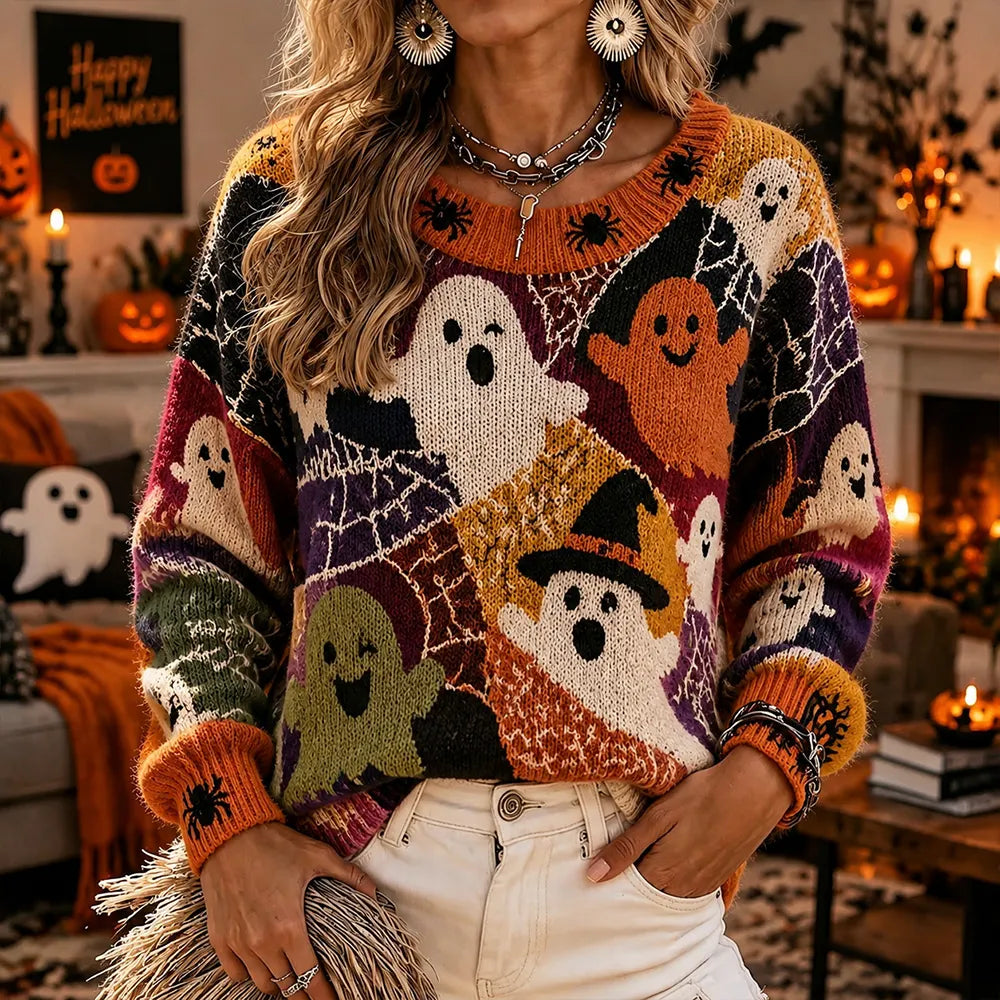Women's Halloween Spooky Ghost And Spiderweb Art Casual Crewneck Sweater