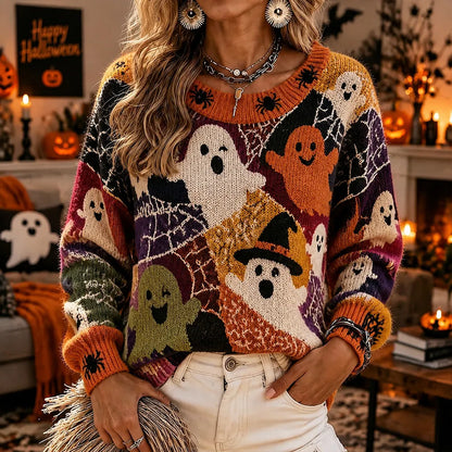 Women's Halloween Spooky Ghost And Spiderweb Art Casual Crewneck Sweater