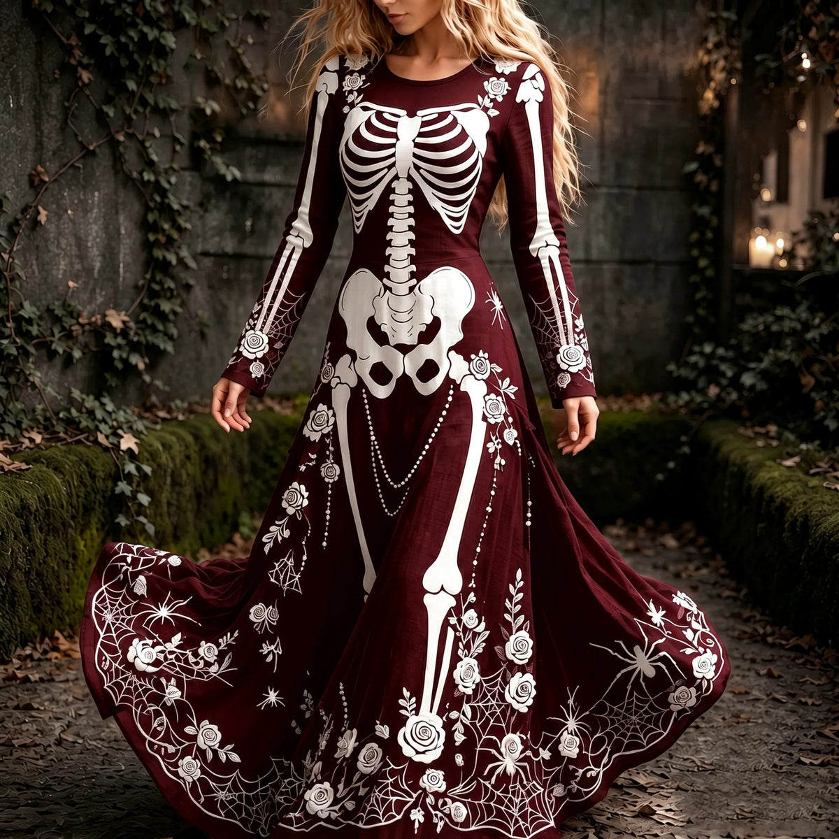 Women's Retro Gothic Spider Skull Floral Pattern Mixi Halloween Dress