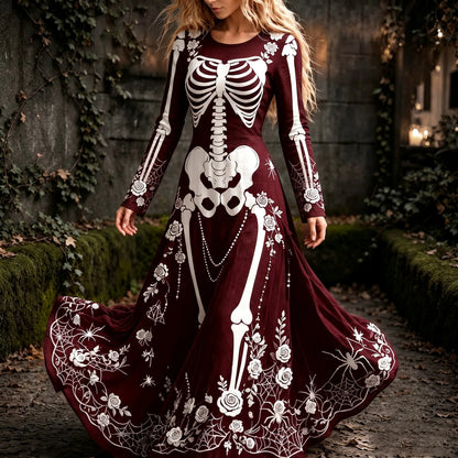 Women's Retro Gothic Spider Skull Floral Pattern Mixi Halloween Dress
