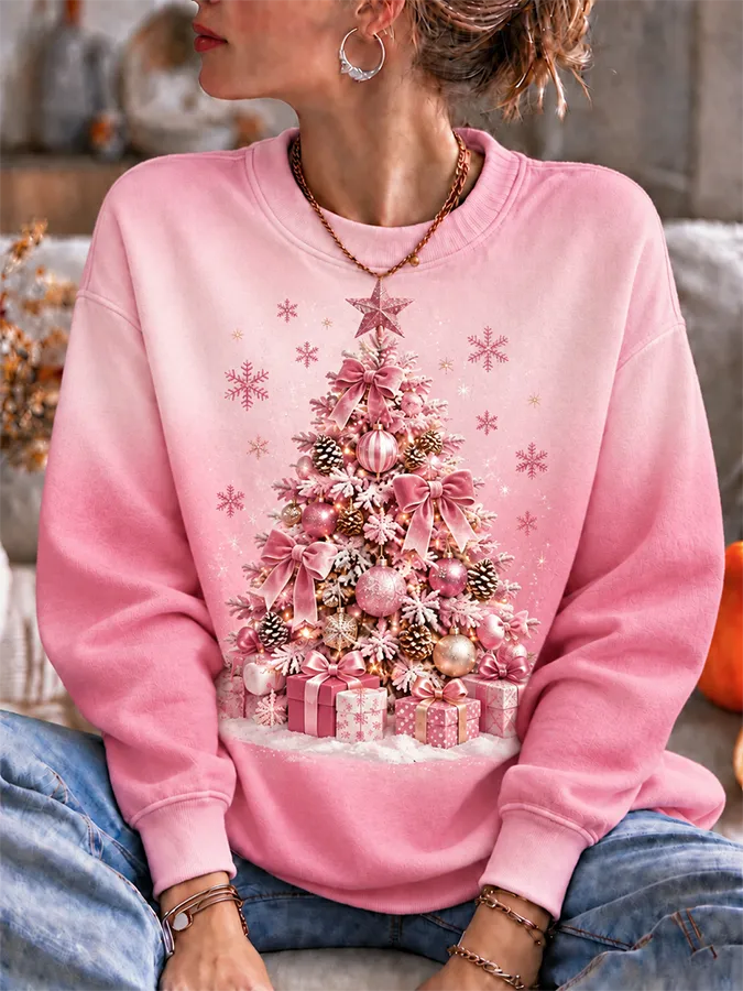 ✨Early Bird Christmas | Buy 3, Get 20% Off the Lowest-Priced Item✨Women'S Pink Gradient Christmas Tree Printed Comfortable Sweatshirt