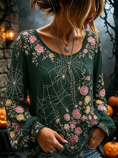 Women's Flowers Spider Web Art Print Flowy Linen Blend Long Sleeve Casual Tops