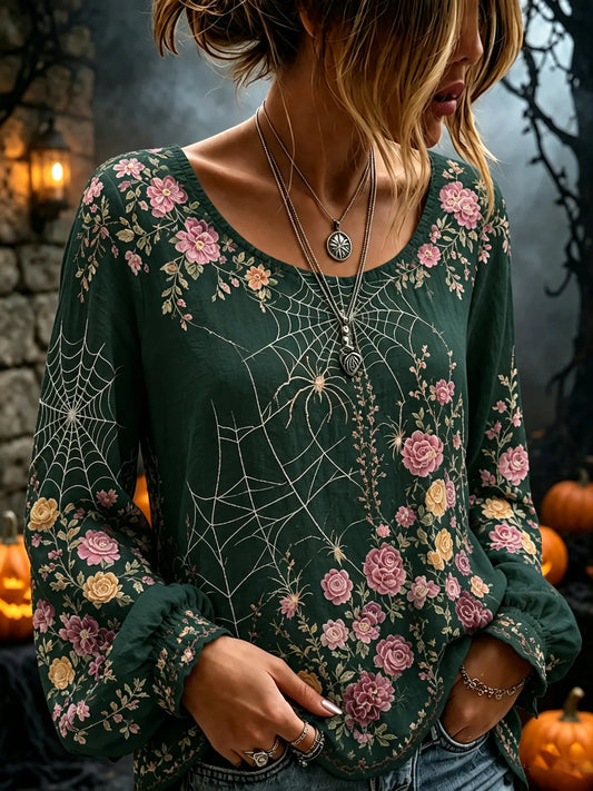 Women's Flowers Spider Web Art Print Flowy Linen Blend Long Sleeve Casual Tops
